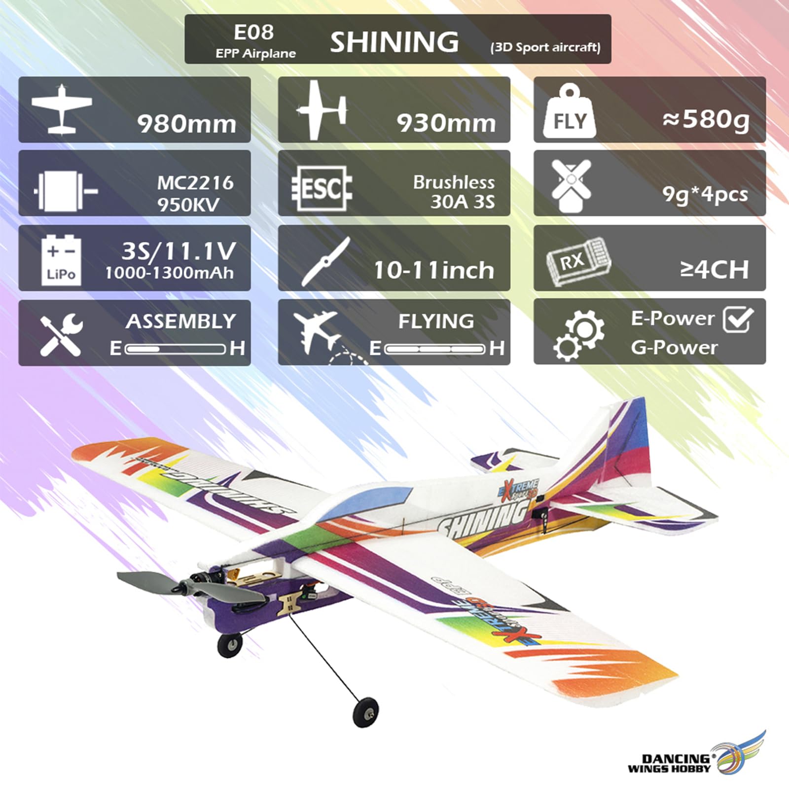 Goolsky Samolot RC, zdalnie sterowany samolot RC Aeroplane E08, Shining 980 mm, rozpiętość skrzydeł 3D, zdalnie sterowany samolot EPP, zestaw ze sztywnymi skrzydłami + Power-Combo – zestaw