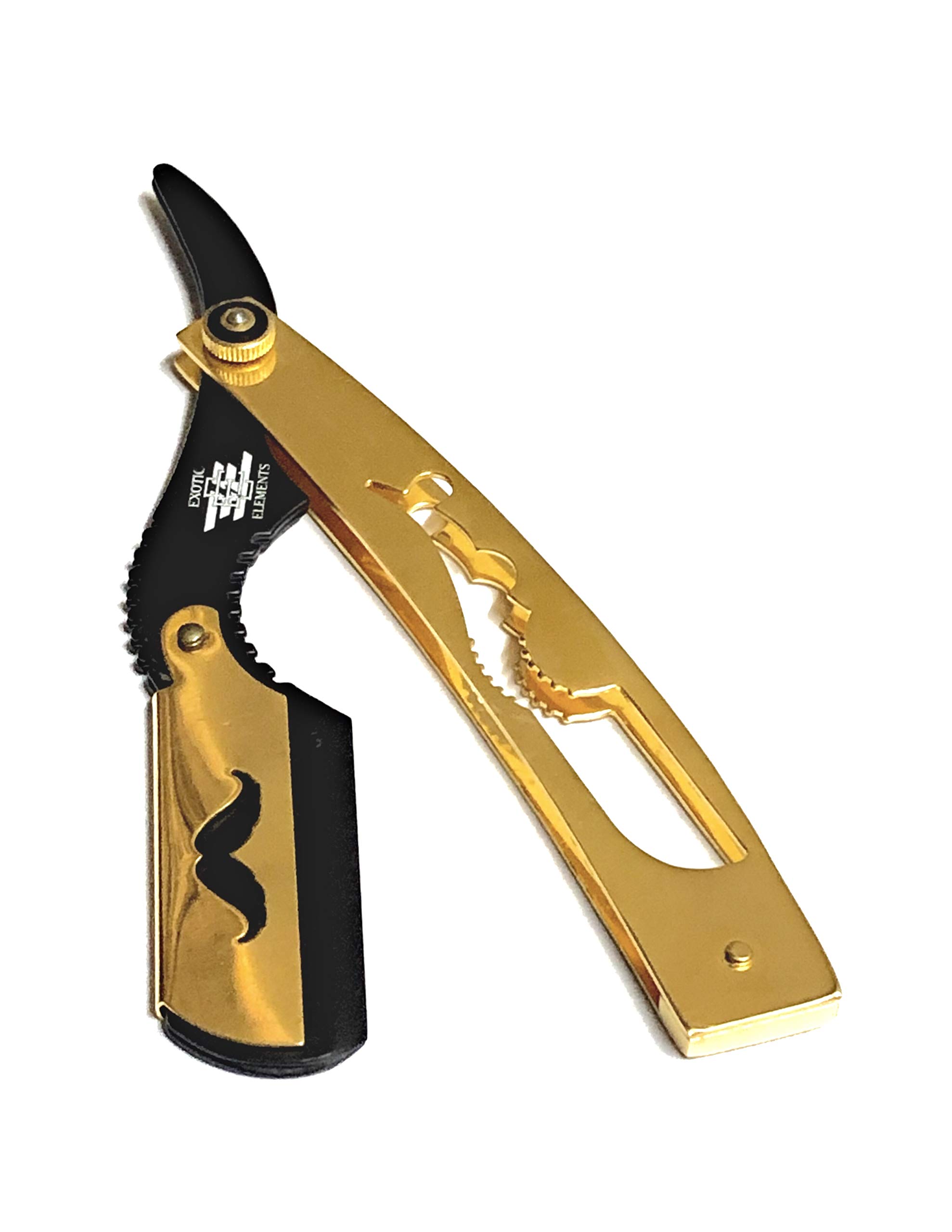Razor Design Engraved Handle Straight Edge Shaving Blade in Gold and Black - Shape up Beard Mustache Eyebrows Sideburns Forehead and More