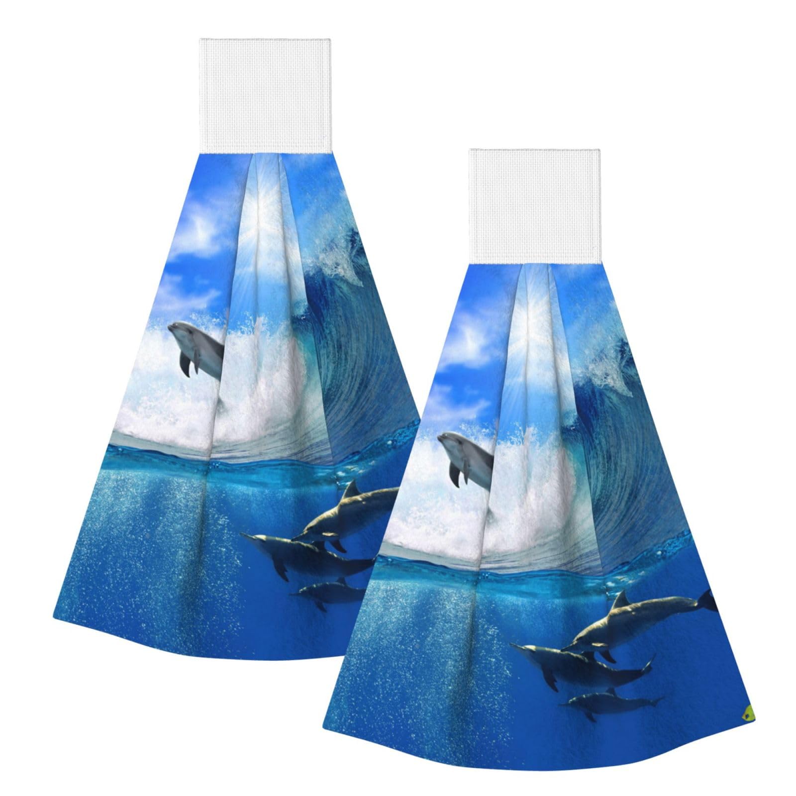 DOPKLNA Four Dolphins In The Sea Of Whales, 2 Pcs Hanging Coral Fiber Hand Towels for Bathroom, Absorbent Kitchen Towels
