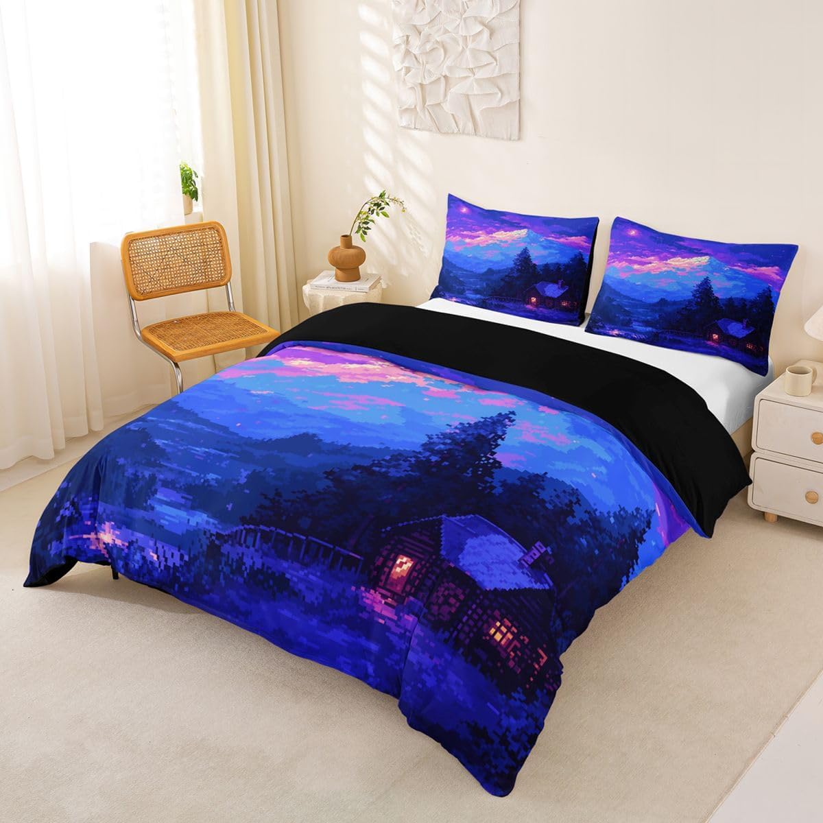 Pixel Farmhouse Duvet Cover Set Toddler Size,Dreamy Pixel Landscape Cabin Sunset Bedding Set 2pcs,Magical Quilt Cover with Zipper Closure,Neon Blue Kids Boys Room Decor, 1 Pillowcase,No Comforter