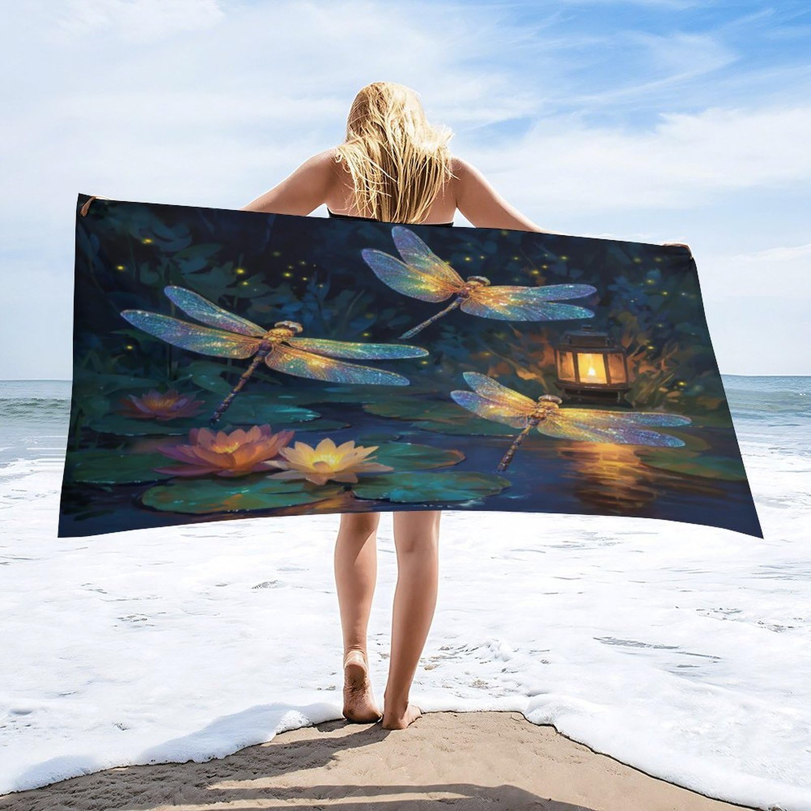 Luyysky Fantasy Beautiful Animal Dragonfly Quick-Drying Beach Towel, Classic Colorful Starry Sky Galaxy Plant Lotus Flowers Travel Vacation Single Sided Pile Bathroom Towels-80 W Cm X 160" L Cm