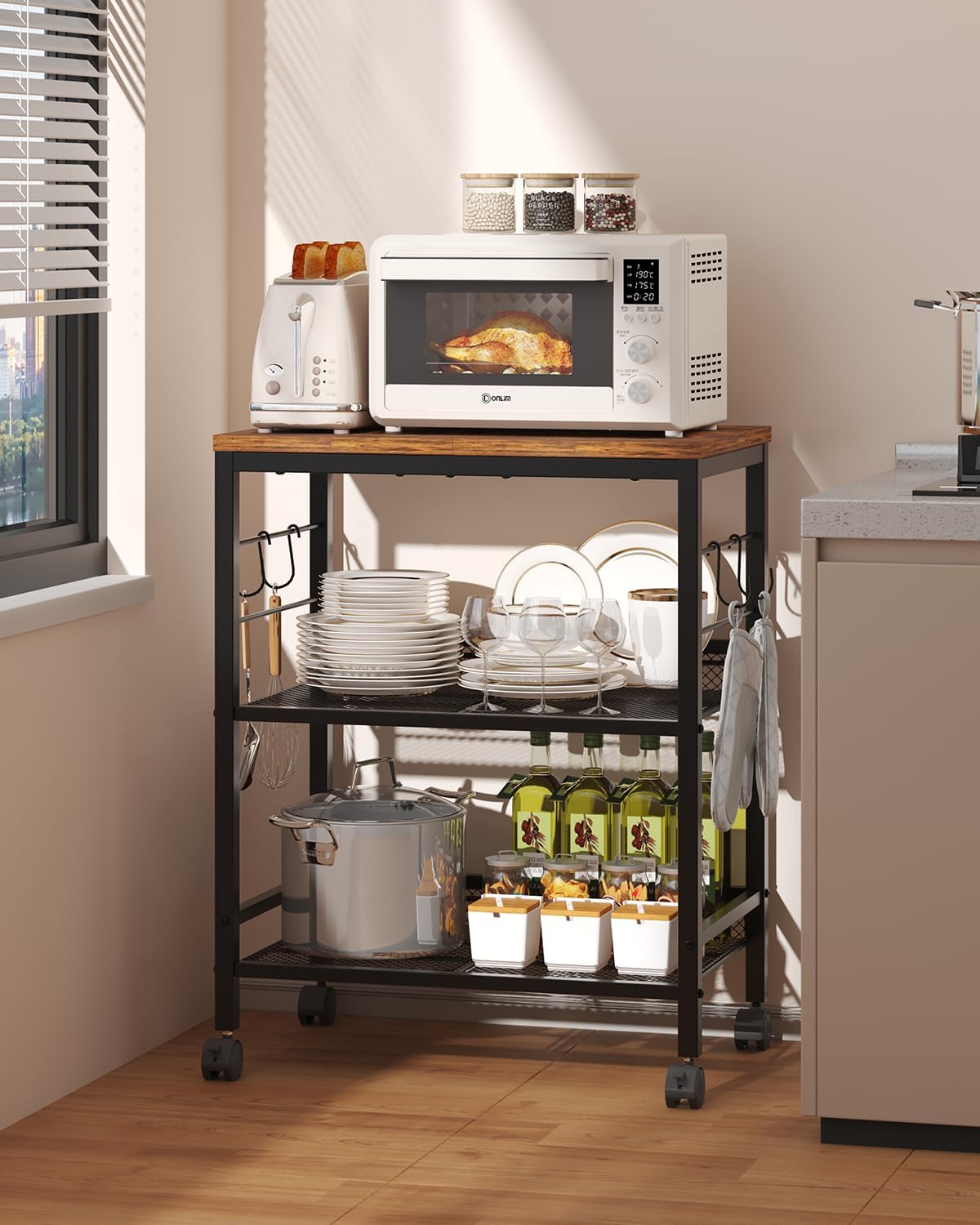 Kitchen Rolling Cart with Storage, 3 Tier Microwave Stand on Lockable Wheels, Small Utility Cart, Coffee bar&Tea Table, Organizer Shelves for Kitchen, Office, Living Room