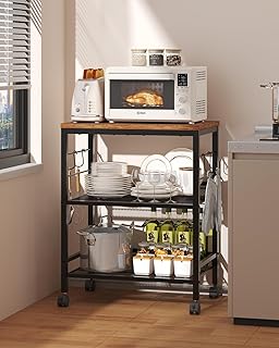Kitchen Rolling Cart with Storage, 3 Tier Microwave Stand on Lockable Wh...