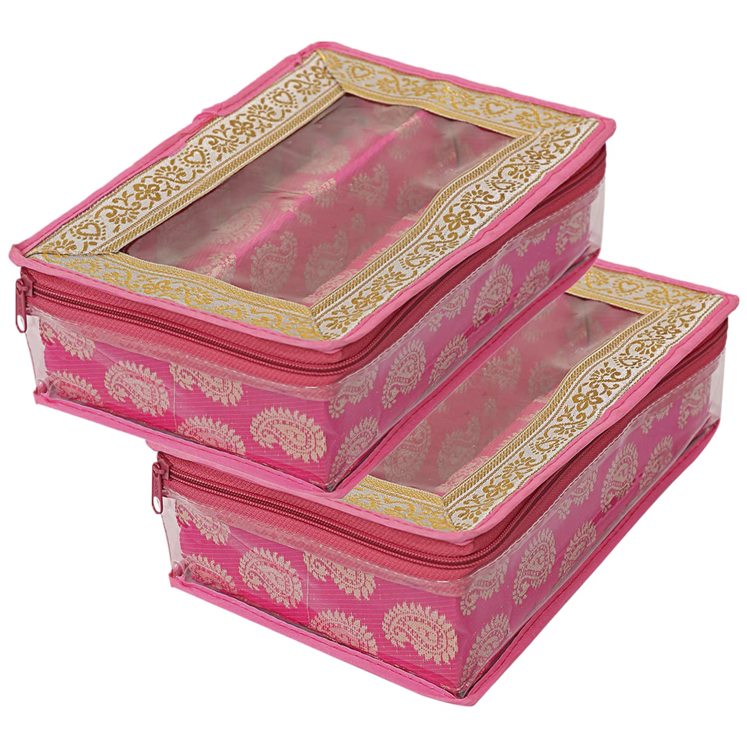 Kuber Industries Carry Design Laminated 2 Rod Box, Organizer For Bangle, Watches, Bracelets, Jewellery With Tranasparent Top - Pack of 2 (Pink)-47KM0104