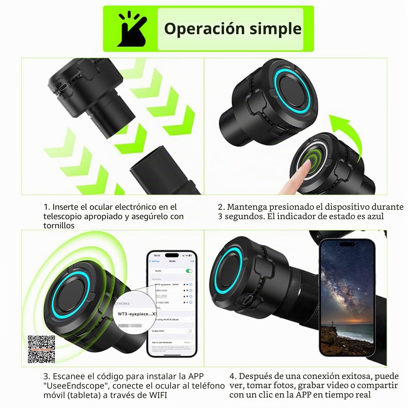Ocular digital inalámbrico WiFi para telescopio, cámara con grabación de video 4K, toma de fotos, batería incorporada, ocular electrónico para telescopio