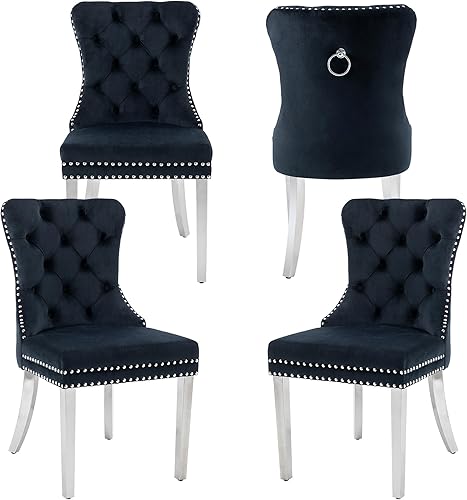 Miniatura 29 de Nikki Collection - Juego de 6 sillas de comedor de terciopelo con patas de madera y anillo de tracción, sillas laterales de lujo con ribete de Negro