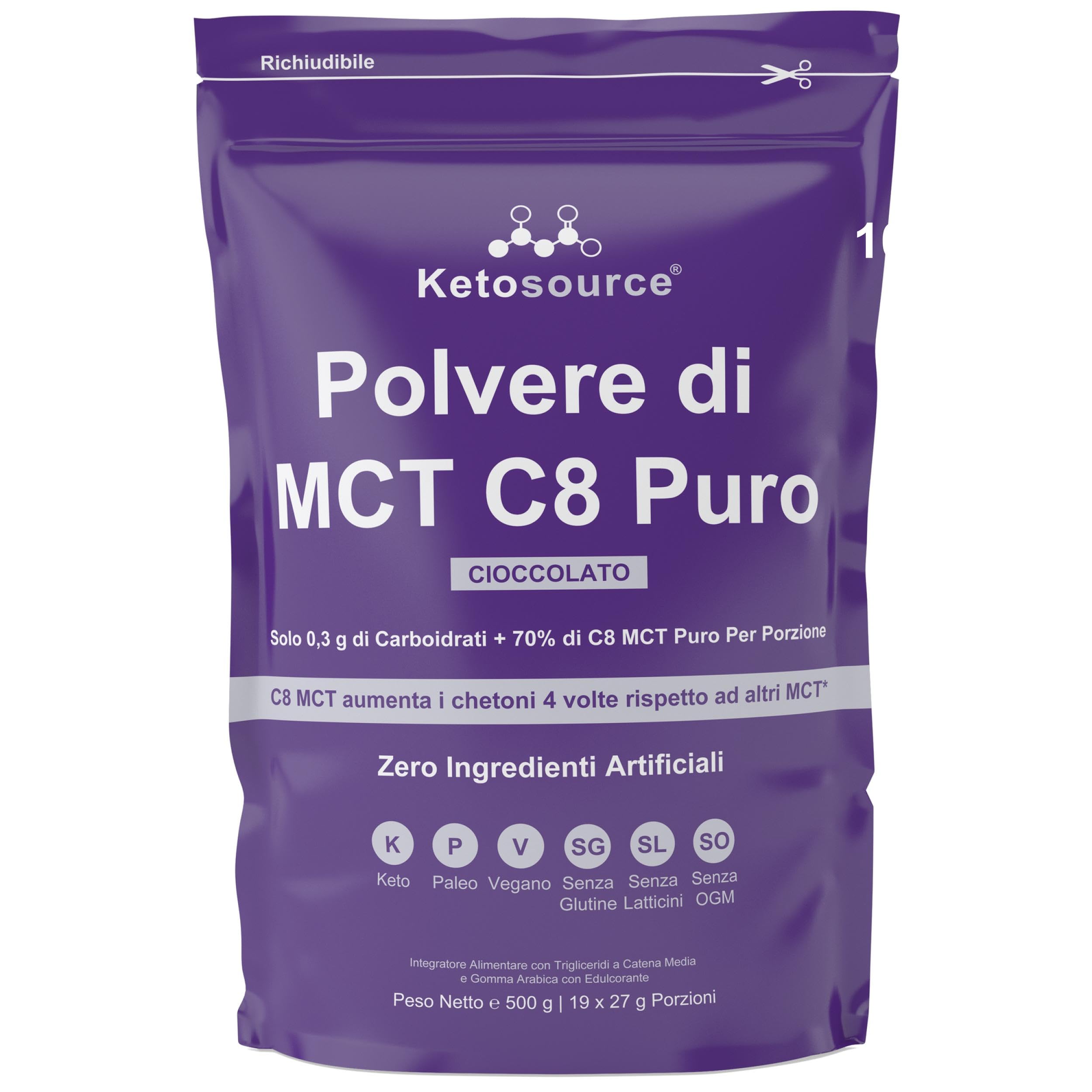 Polvere di MCT C8 Puro al Cioccolato | 4X Aumento dei Chetoni Rispetto ad Altri MCT | Zero Carboidrati | Supporta la Dieta Keto e il Digiuno | Zero Ingredienti Artificiali | 500g | Ketosource®