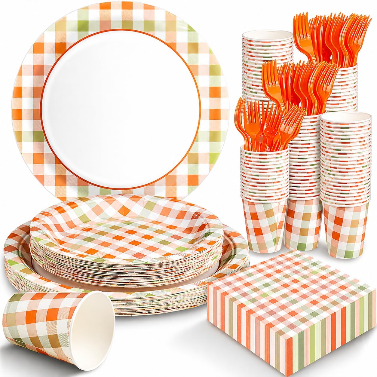 Orange Gingham Plates and Napkins Party Supplies, Fall Thanksgiving Disposable Tableware Set,Checkered Plaid Paper Plates for Birthday Family Dinner Picnic Barbecue Baby Shower Decor Serves 25