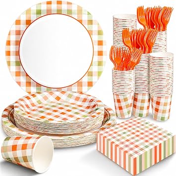 Orange Gingham Plates and Napkins Party Supplies, Fall Thanksgiving Disposable Tableware Set,Checkered Plaid Paper Plates for Birthday Family Dinner Picnic Barbecue Baby Shower Decor Serves 25