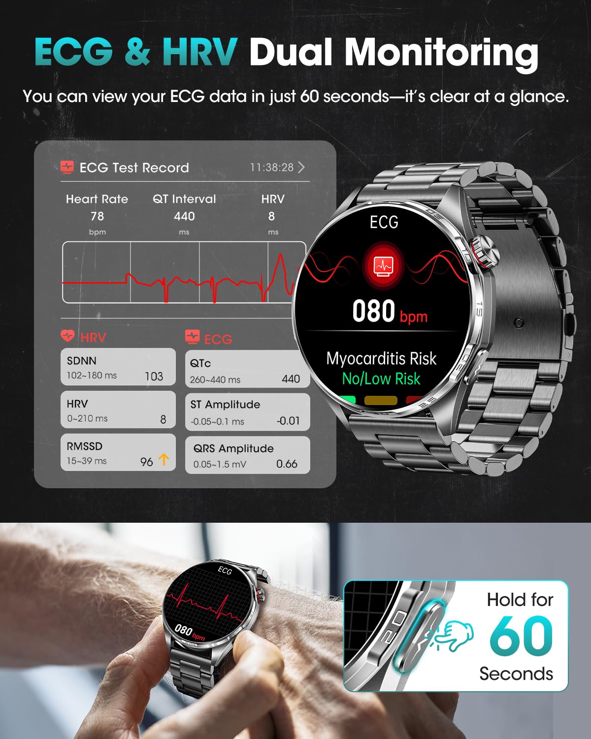 FOSMET Smartwatch Herren, ECG/HRV/BMI/MET & Mikro-Gesundheitscheck, Schwarz | Gesundheitsuhr, 1.45" AMOLED, Körpertemperatur, Herzfrequenz, Blutdruck, SpO2, Schlaf, 70+ Sportmodi, Stimmung, 5ATM, SOS