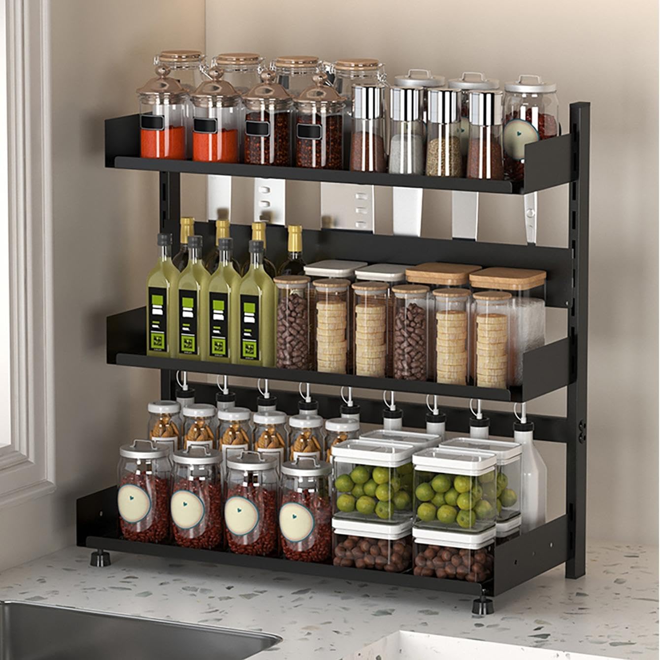 3-Tier Spice Rack Organizer with Knife Holder, Black Metal Counter Storage Shelf, 15.75x15.5x6.69 Inch, Adjustable Height, Detachable Design
