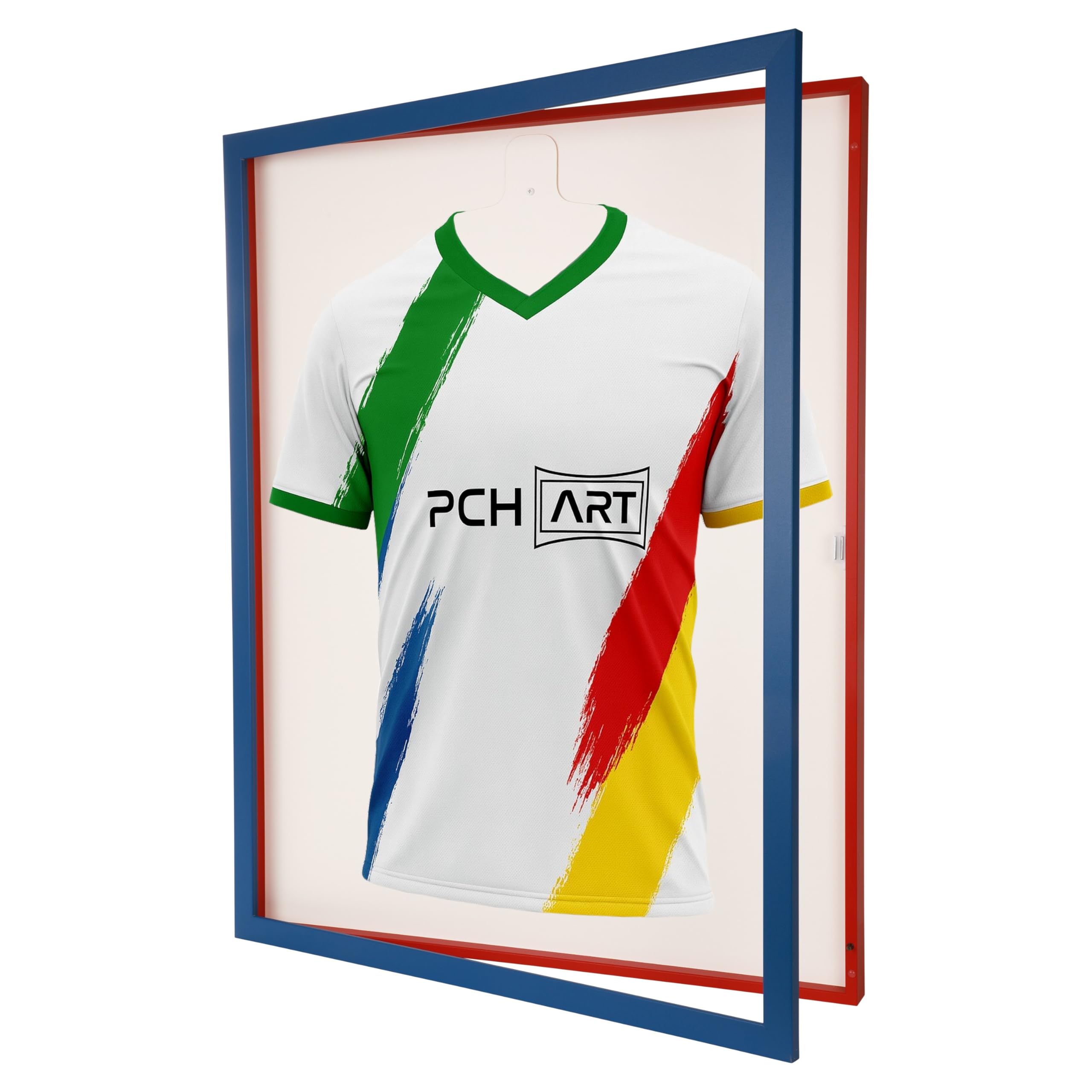 Trikotrahmen mit Drehtür in Vereinsfarben|Farbe: Blau-Rot|Rückwand weiß|UV-Schutz Kunstglas|MDF Rahmen|Magnetverschluss|für Fußballtrikots & Fanartikel