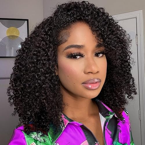 Kinky Curly Half Wig Human Hair 3 In 1 Seamless Flip Over Half Wigs Drawstring Curly Half Wigs for Women Human Hair Glueless Wear and Go Half Up Half Down Headband Wig Human Hair