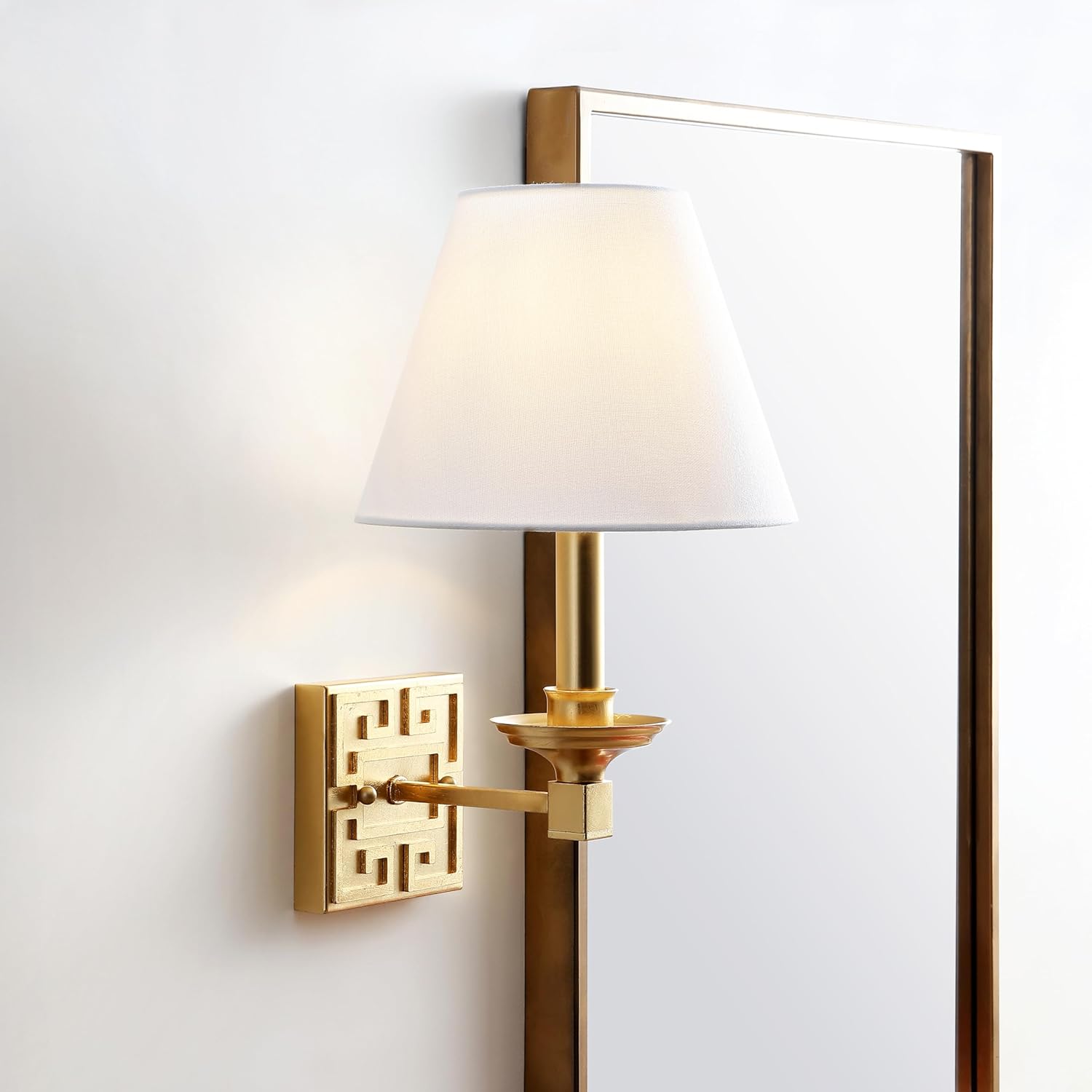 SAFAVIEH Lighting Collection Elvira Greek Key Gold Bedroom Bathroom Vanity Hallway Foyer Living Room Wall Sconce Set of 2 (LED Bulbs Included)