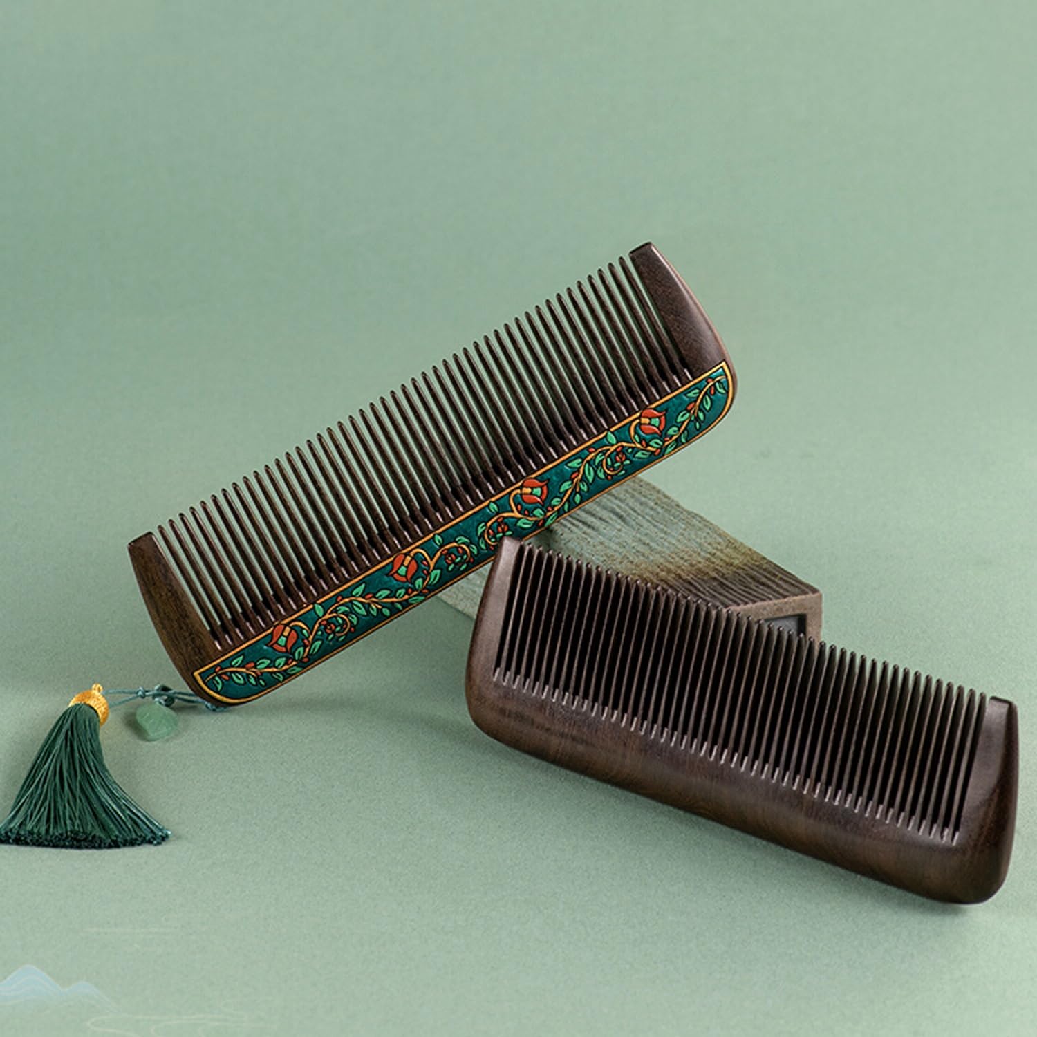 Haarkamm, handgefertigter feinzahniger Holzkamm, Keine statische Aufladung, kein Verheddern, aromatischer Kamm aus schwarzem Sandelholz, Vintage-Chinesisch