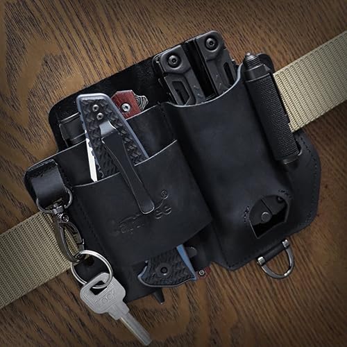 Miniatura 7 de Funda de cuero multiherramienta, organizador de cinturón EDC negro con soporte para linterna, banda elástica, bolsa multiherramientas, clip para