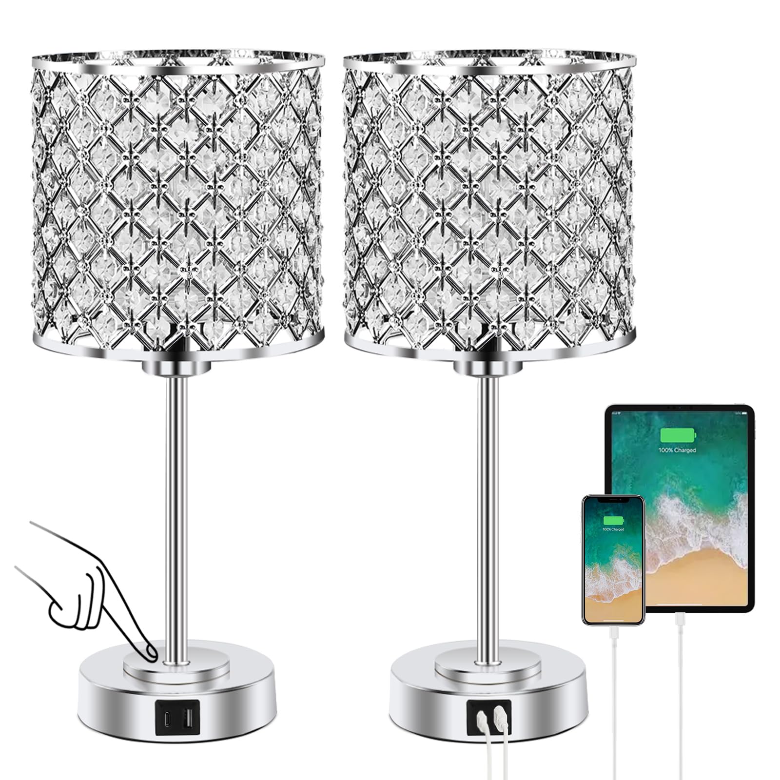 Crystal Table Bedside Lamp Touch Control, Dimmable Small Nightstand Lamp Set of 2 with USB-C+A Charging Ports, Decorative Silver Tabletop Lamp for Bedroom Living Room Guest Room, Bulbs Included
