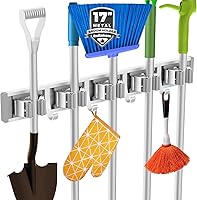 reliahom Broom Holder Wall Mount: 5 Stainless Steel Racks & 4 Hooks for Mops, Brooms, Tools - Garage Kitchen Organizer
