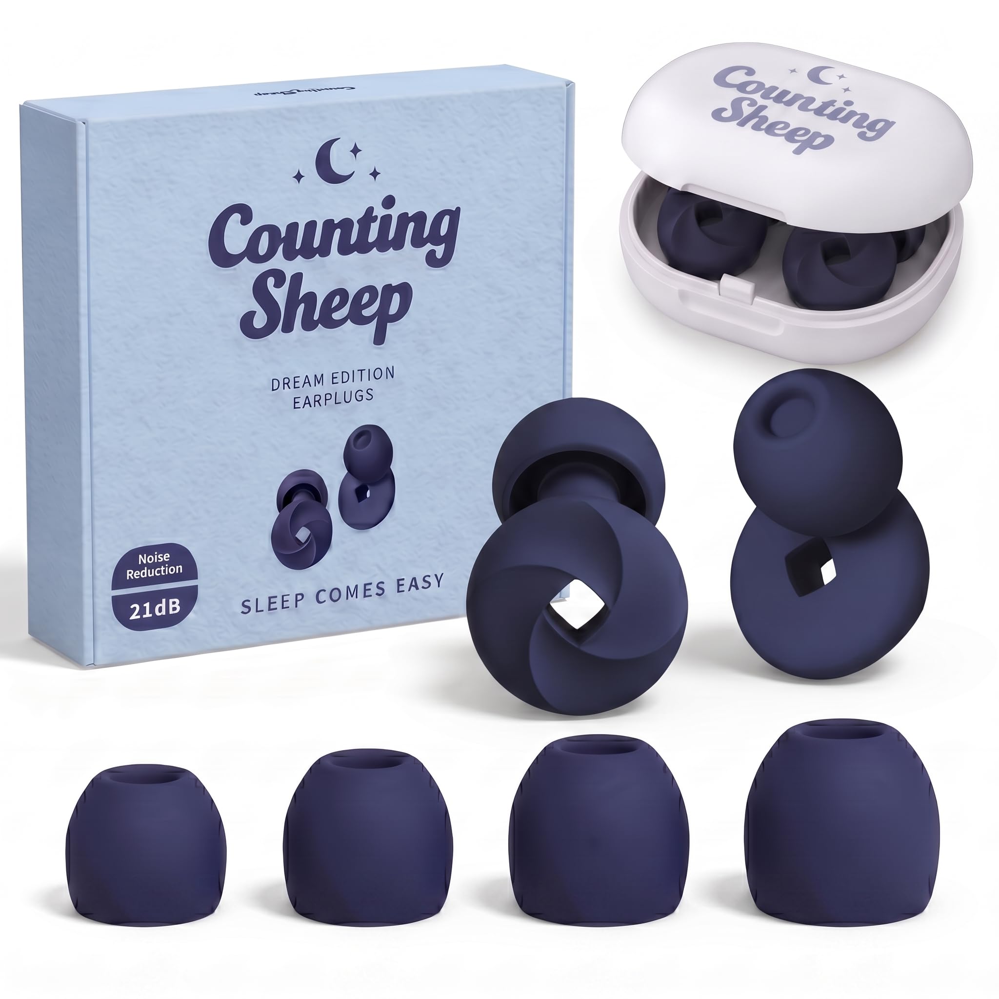 Counting Sheep Zatyczki do uszu | Miękkie silikonowe do snu, relaksu & podróży | Redukcja hałasu 21 dB SNR | Wygodne, wielokrotnego użytku dla śpiących na boku (Granat Nocny, Dream Edition)