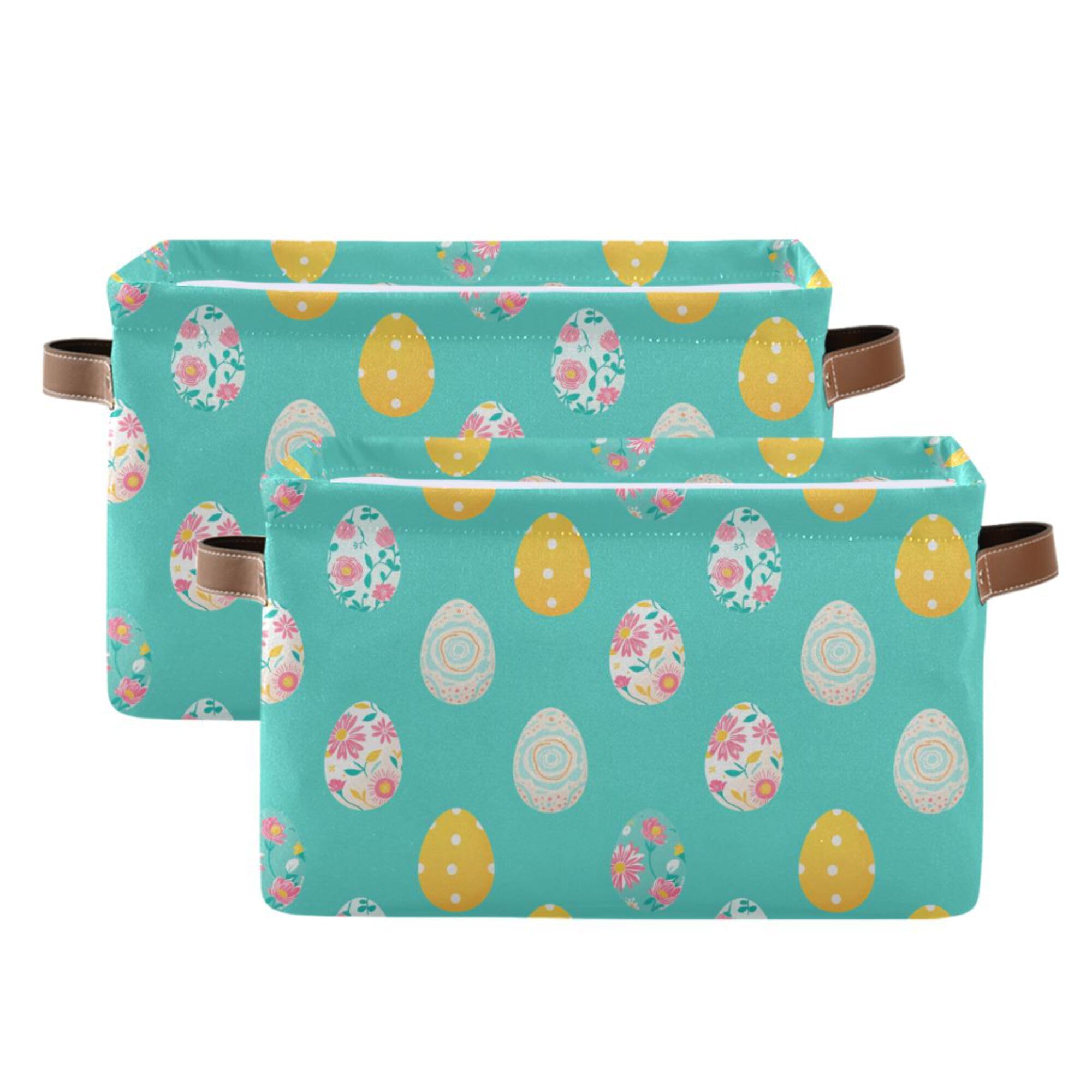 Wamika Happy Easter Day Eggs Storage Basket Fabric Laundry Baskets Easter Rabbit Bunny Spring Storage Boxes Organizer Bag for Baby Cloth Dog Toy Book Storage Cubes Shelf Closet Bins 16×12×8 Inches