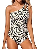 Holipick One Shoulder One Piece Swimsuit for Women Tummy Control Bathing Suits Modest Full Coverage Keyhole Swimwear Leopard Large