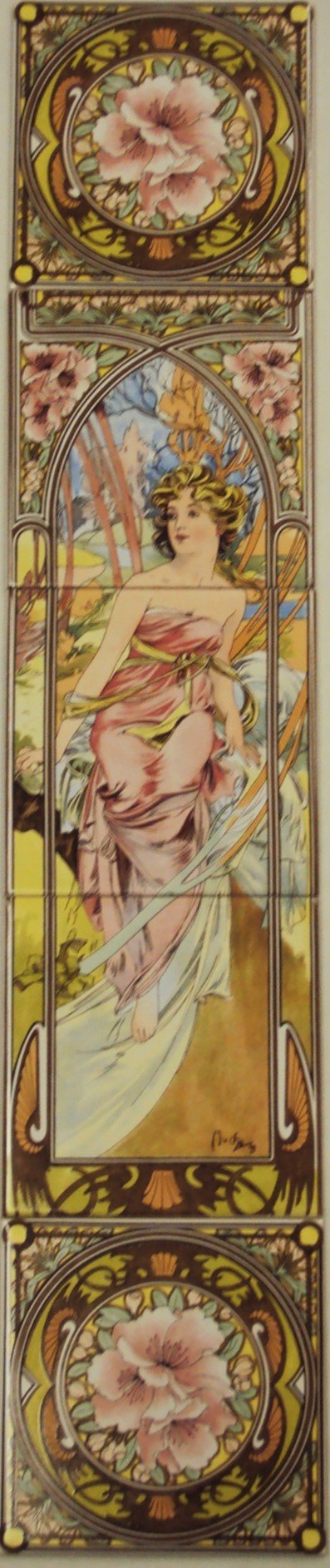 Morning Awakening Tile Panel Mucha Ladies Decorative 5 Tiles Panel Hand Decorated in UK