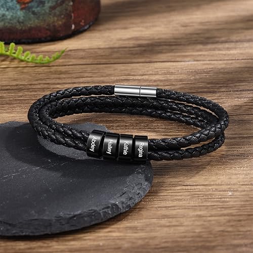 Miniatura 4 de REMFACIO Custom Mens Leather Bracelets Personalized Name Engraved Bracelets Leather Braid Bracelet Gifts for Dad Husband Grandpa Boyfriends 1-6 Names