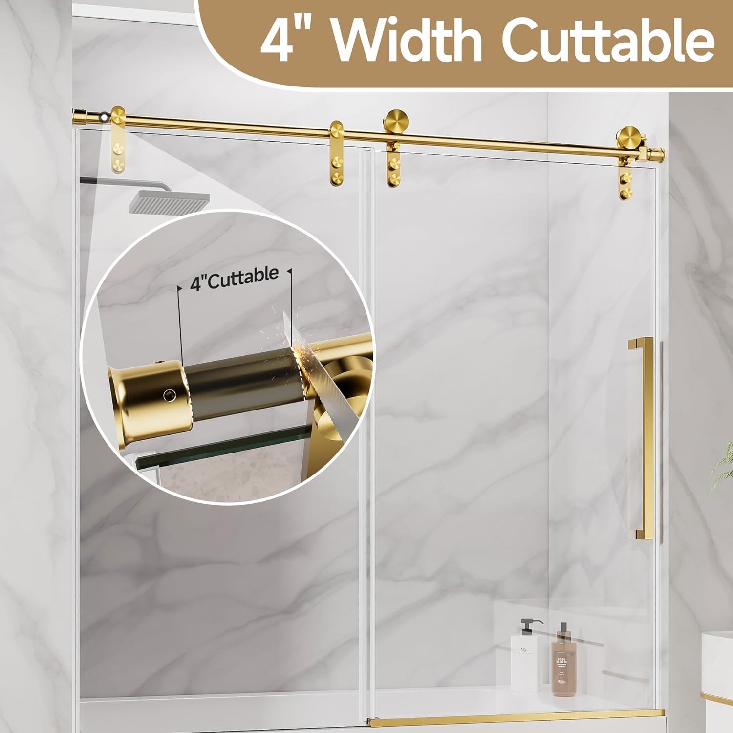Frameless Bathtub Shower Door, 56-60" W x 60" H Single Sliding Tub Shower Glass Doors, 5/16" (8mm) SGCC Tempered Glass Bath Tub Door with Explosion-Proof Film, Brushed Gold, Easy to Clean