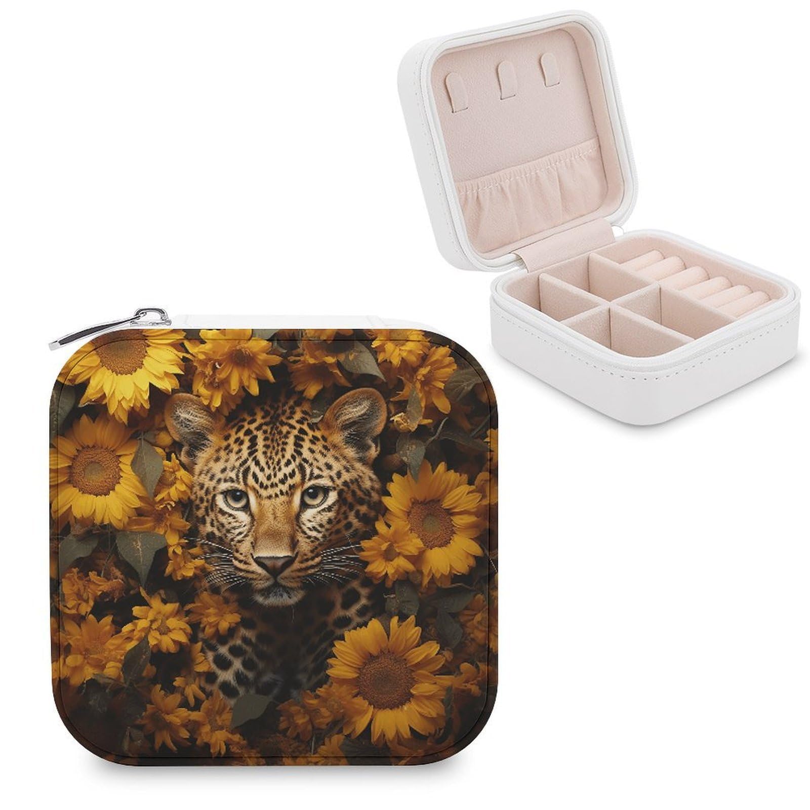 FekiLoot Leopard And Sunflower Jewelry Case Personalized Leather Jewelry Box Mini Travel Jewelry Case Small Portable Jewelry Organizer for Ring Earrings Necklace Bracelet