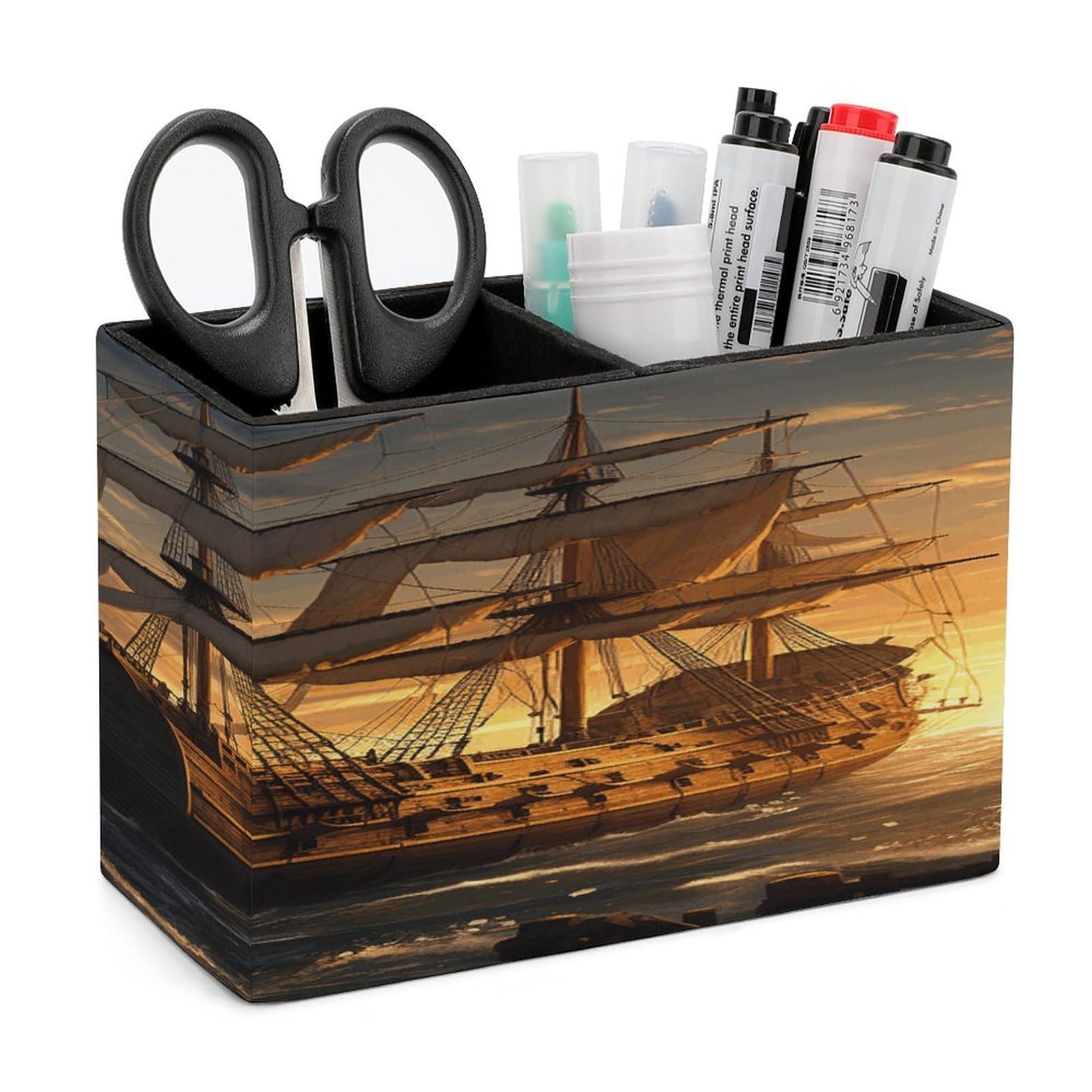 VstaDank Fantasy Pirate Ship Pen Holder Double Compartments Pen Cup Fashion Makeup Brush Holders Leather Pencil Holder for Work Locker Accessories Modern Pencil Cup for Desk Organizer