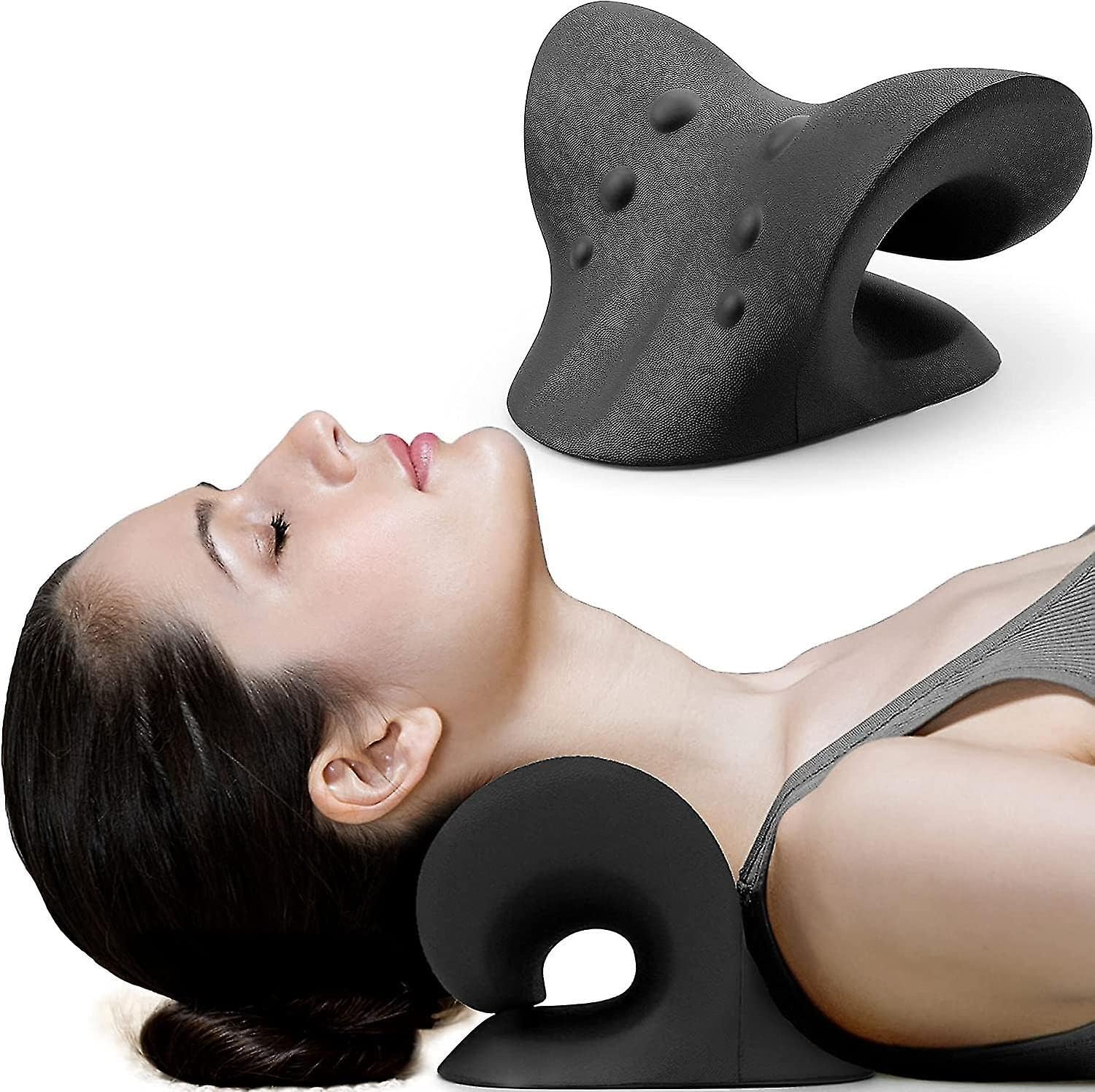 Neck and Shoulder Relaxation: Experience Pain Relief, Muscle Tension Relief, Neck Posture Corrector with Our Cervical Traction Device, and Neck Support Pillow, Pillow Neck Stretcher (Black)