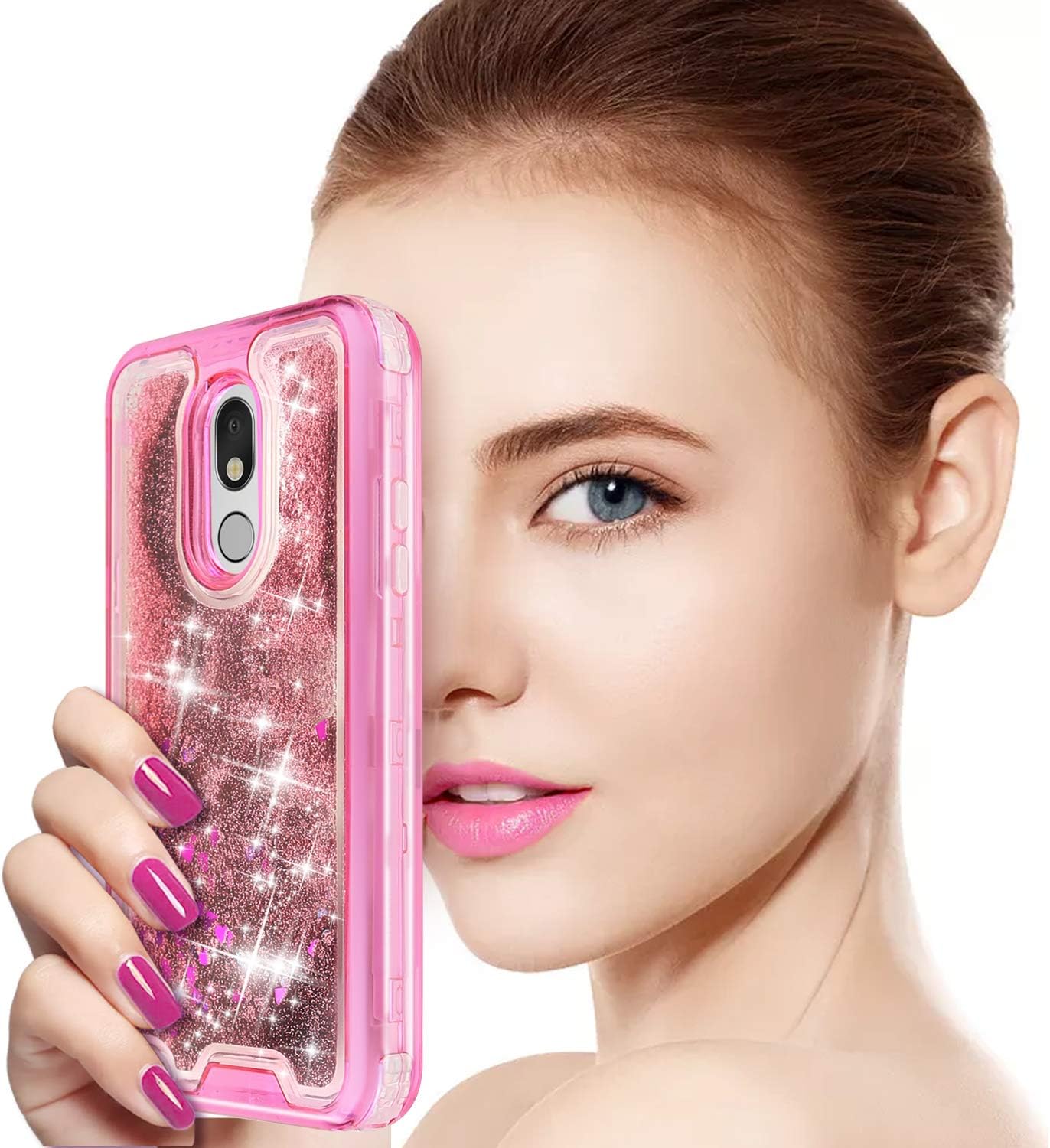 TJS Phone Case Compatible with LG Aristo 4,Aristo 4 Plus +,Escape Plus,K30 2019,Arena 2,X2 2019,Tribute Royal,Journey LTE, Transparent Liquid Glitter Snap On Hybrid Moving Quicksand Bumper (Pink)