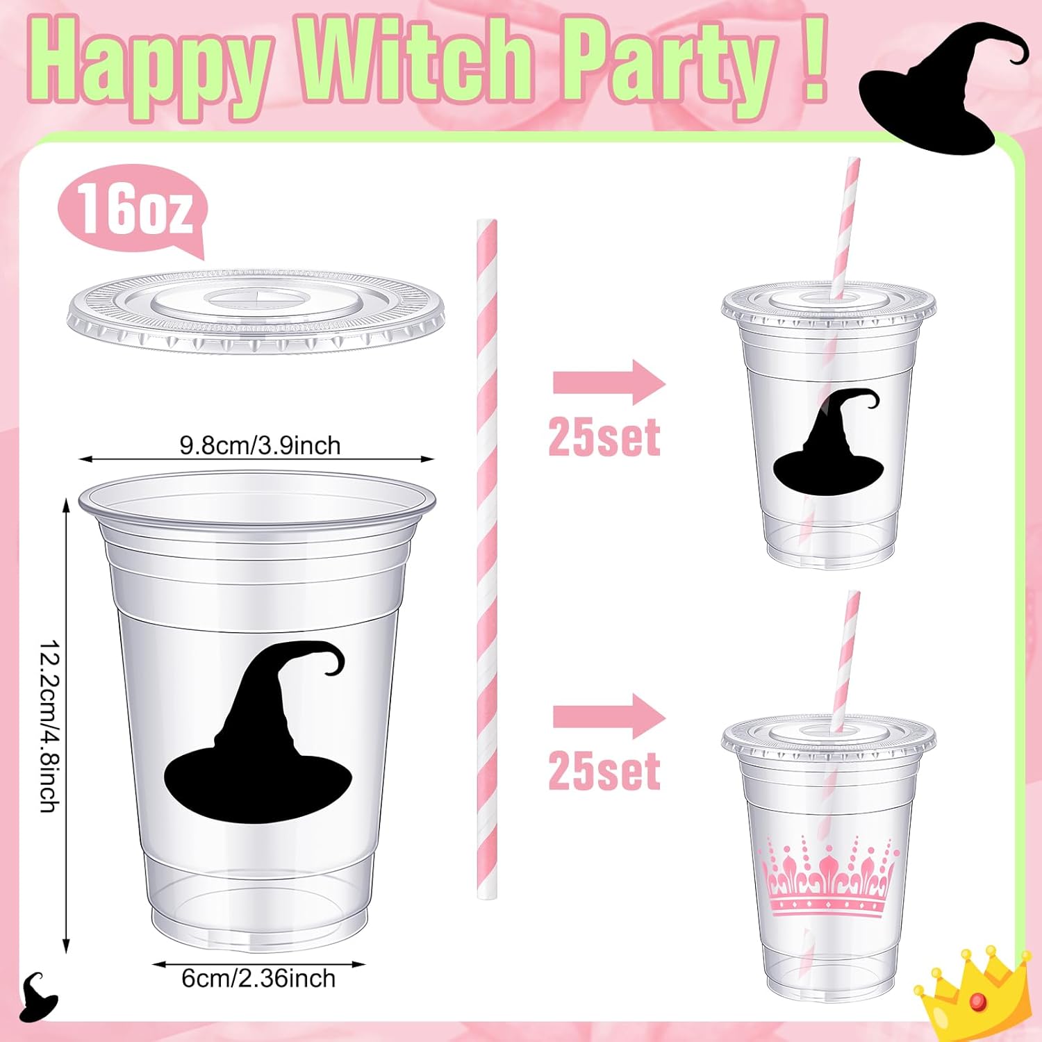 50 Pcs Witch Theme Party Decoration 16 oz Plastic Cups with Lids and Paper Straws for Witch and Princess Themed Birthday Party Favors Supplies - Image 2
