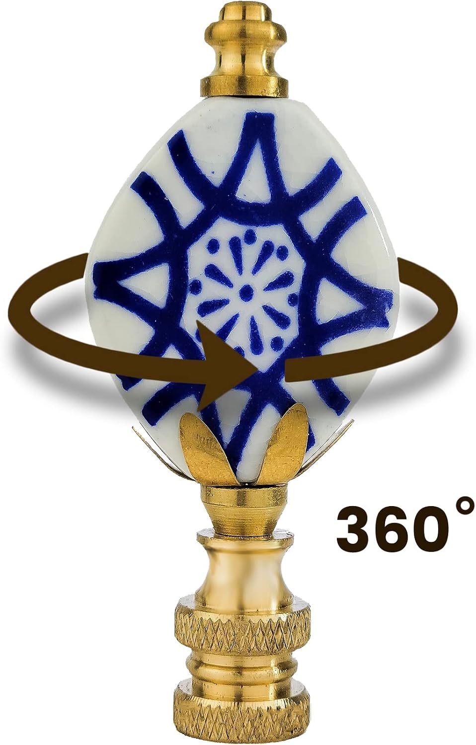 Royal Designs, Inc. Crackled Oval Disk Blue & White Accent Finial for Lamp Shade, F-5304PB-1, Polished Brass - Pack of 1