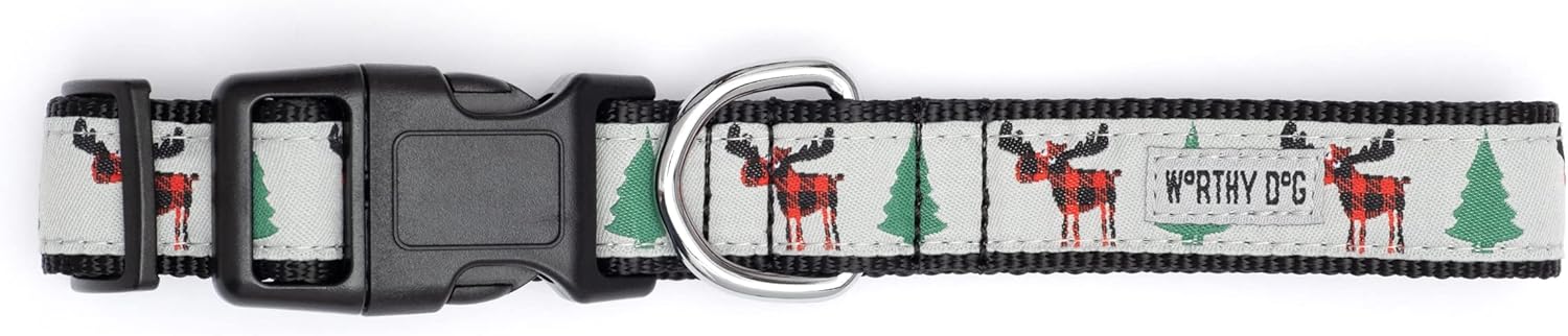 THE WORTHY DOG Collar for Large Dogs, Adjusts 18-24 inches, Durable Nylon Webbing, Quick Release Buckle, Buffalo Moose Pattern, Gray, X-Large