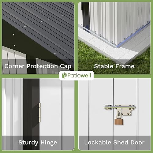Vista 7 de Patiowell - Cobertizo de almacenamiento de 8 x 6 pies para herramientas, con techo inclinado y doble puerta con cerradura, para exteriores, patio