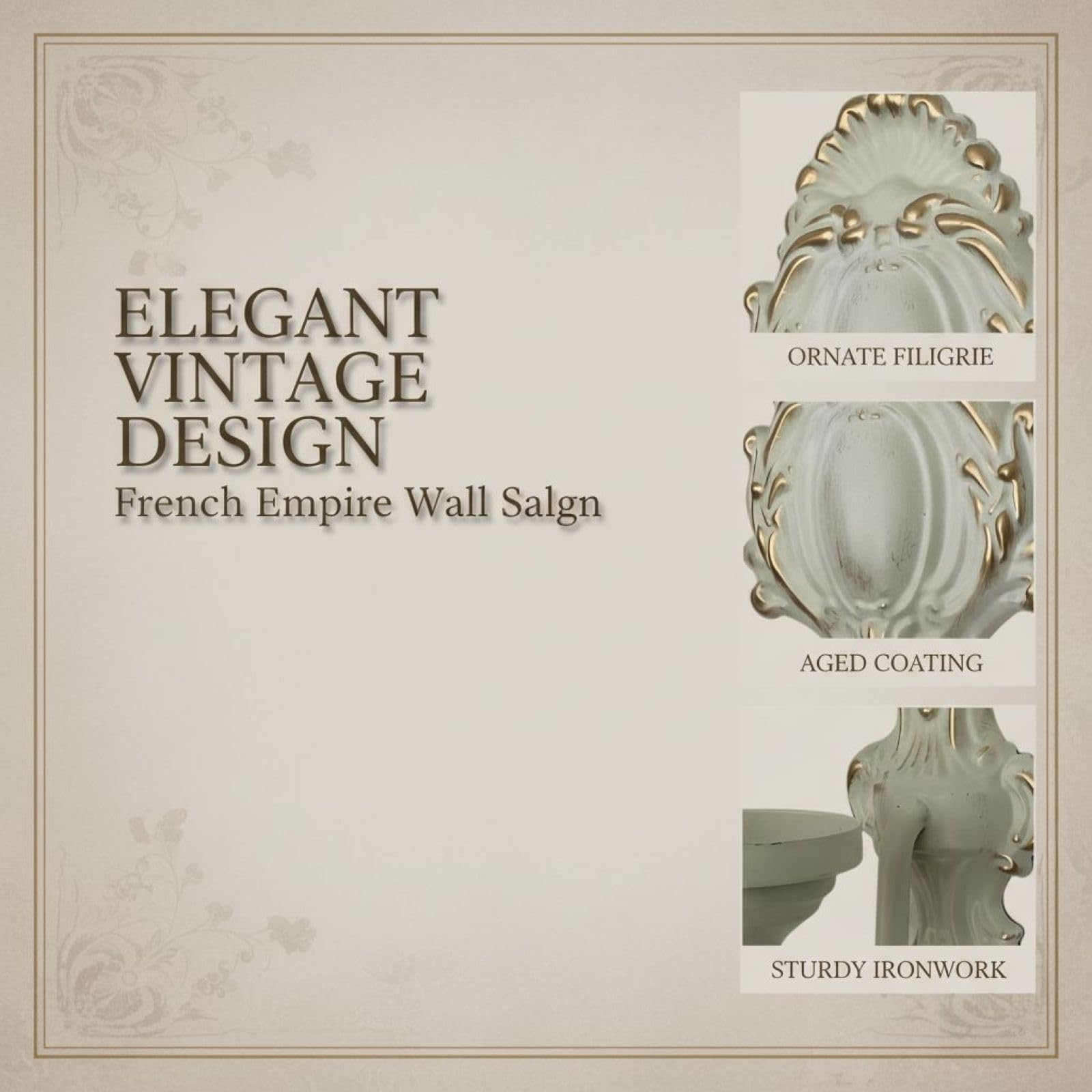 2 STK. Wandkerzenhalter aus Schmiedeeisen, weißer Vintage-Stil im French-Empire-Design, zur Wandmontage, Gothic Kerzenständer für Wohnraum und Farmhouse-Deko, 26,7 x 11 x 7,9 cm