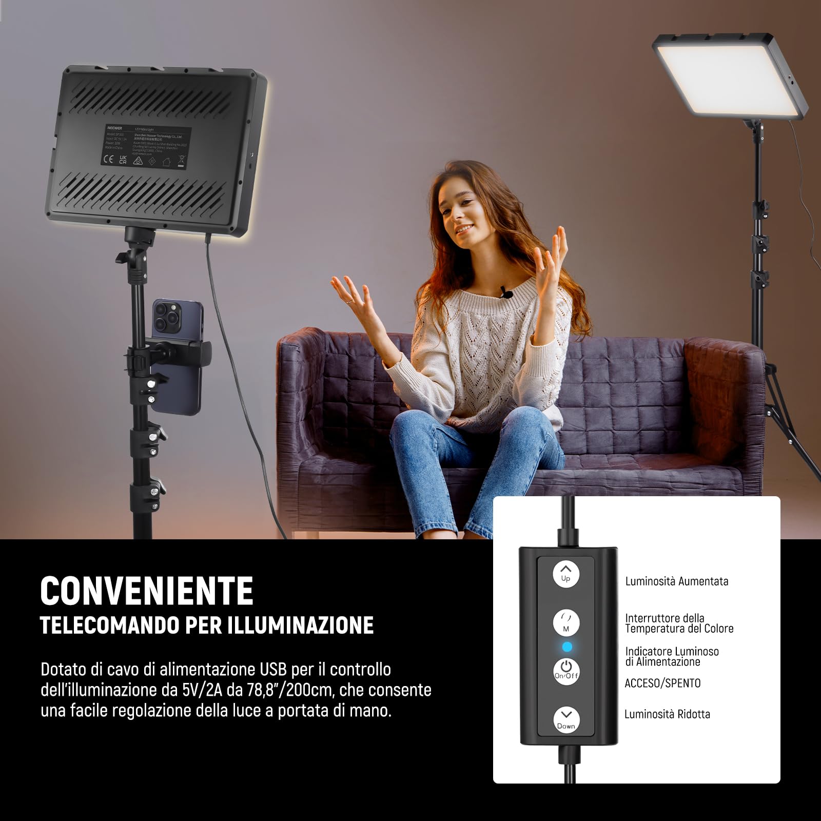 NEEWER BASICS Kit di 2 Luci a Pannello LED per Video, Luce Studio Dimmerabile Bicolore 2700-6500K con 2 Stativi da 59'' e 2 Portatelefono, 850lux per Fotografia Filming Registrazione Streaming, BP300