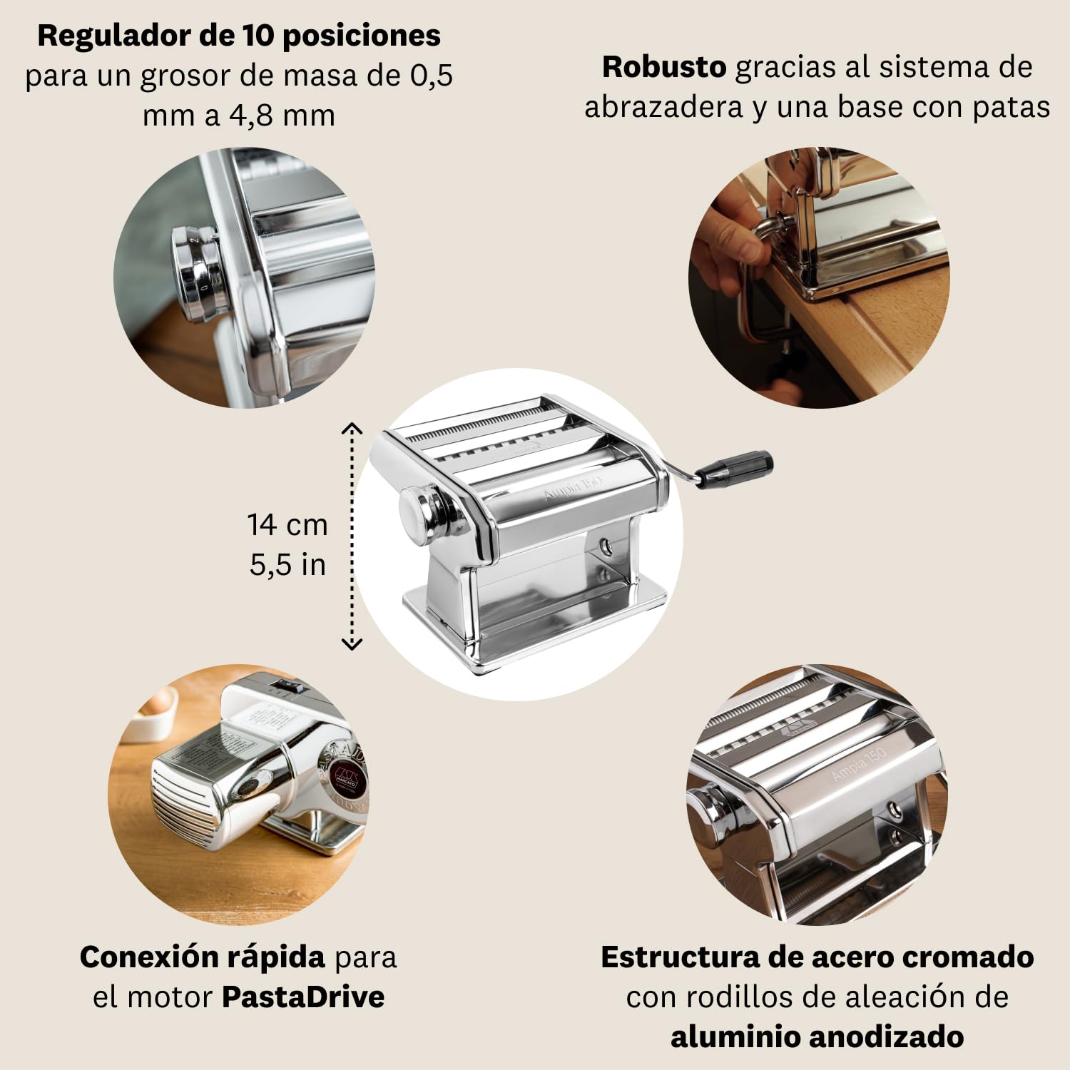Marcato Ampia 150, Máquina para Pasta, Acero Cromado, Ancho 150 cm, 3 Accesorios Incluidos