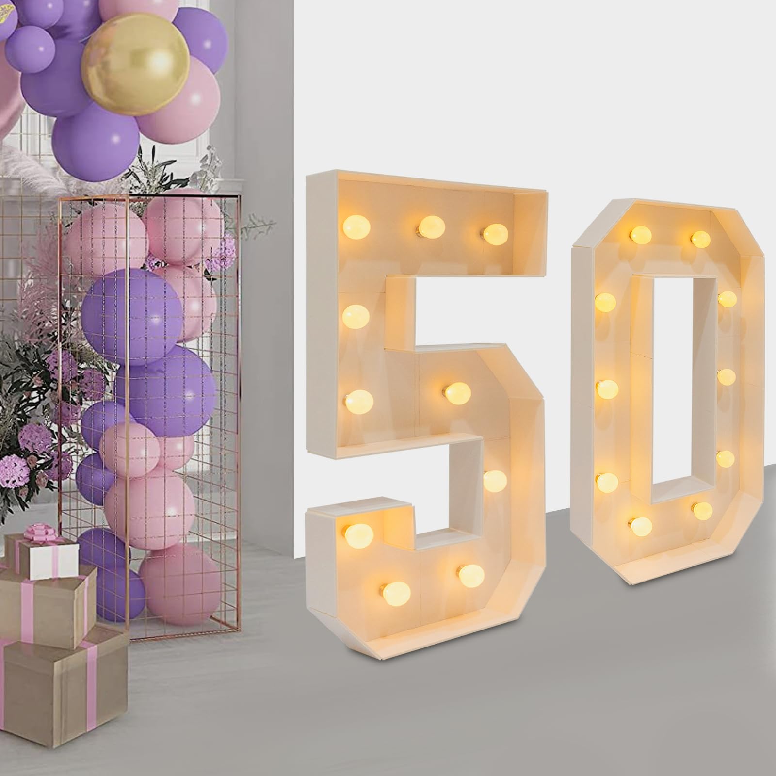 Letra luminosa, número luminoso gigante, número de luces de cumpleaños para iluminar 20 bombillas 2000-3000 K, funciona con pilas, para cumpleaños, fiestas, decoración de fondo (50)