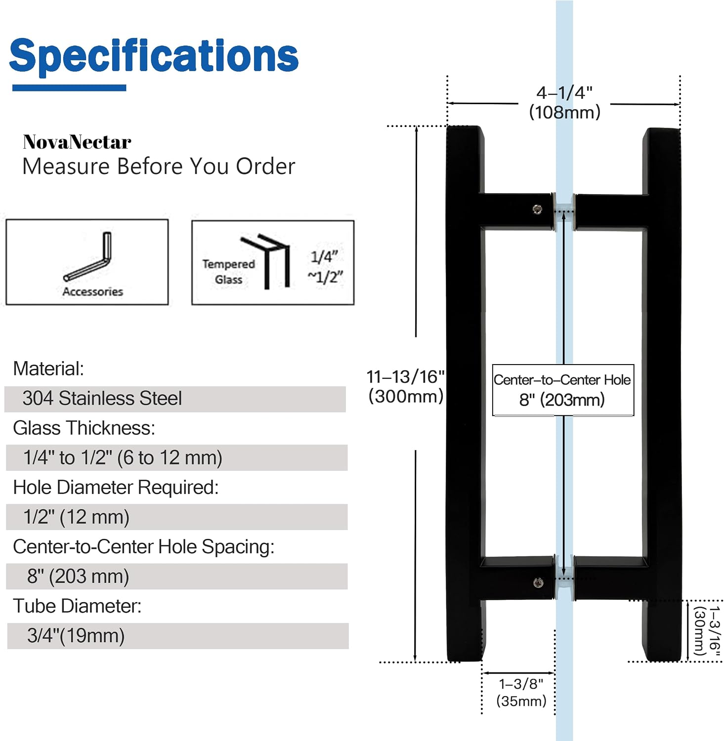 NovaNectar 12in Square Ladder Shower Door Pull Handle, Matte Black | 304 Stainless Steel Replacement Hardware, H Shape Handles for Sliding Frameless Shower Doors (8'' Hole Spacing)
