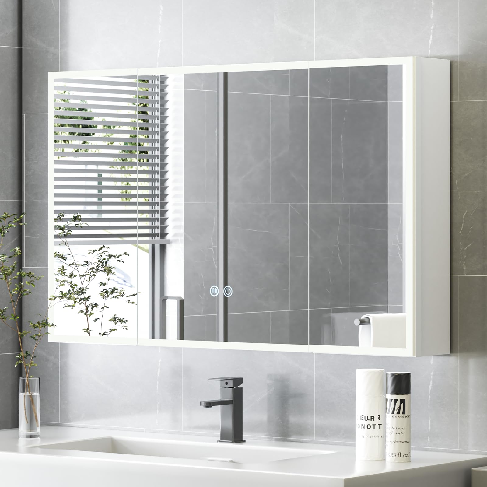 HySail Armario Espejo Baño con Luz, 3 Temperaturas de Color y Brillo Regulable, Mueble Espejo Baño LED 95x60x14 cm con Interruptor Táctil, Función Antivaho y Enchufe, Completamente Premontado