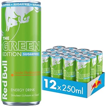 Red Bull Energy Drink Green Edition Sugar Free Curuba Elderflower Flavour Pack of 12 - 12 x 250 ml Stimulates Body and Mind