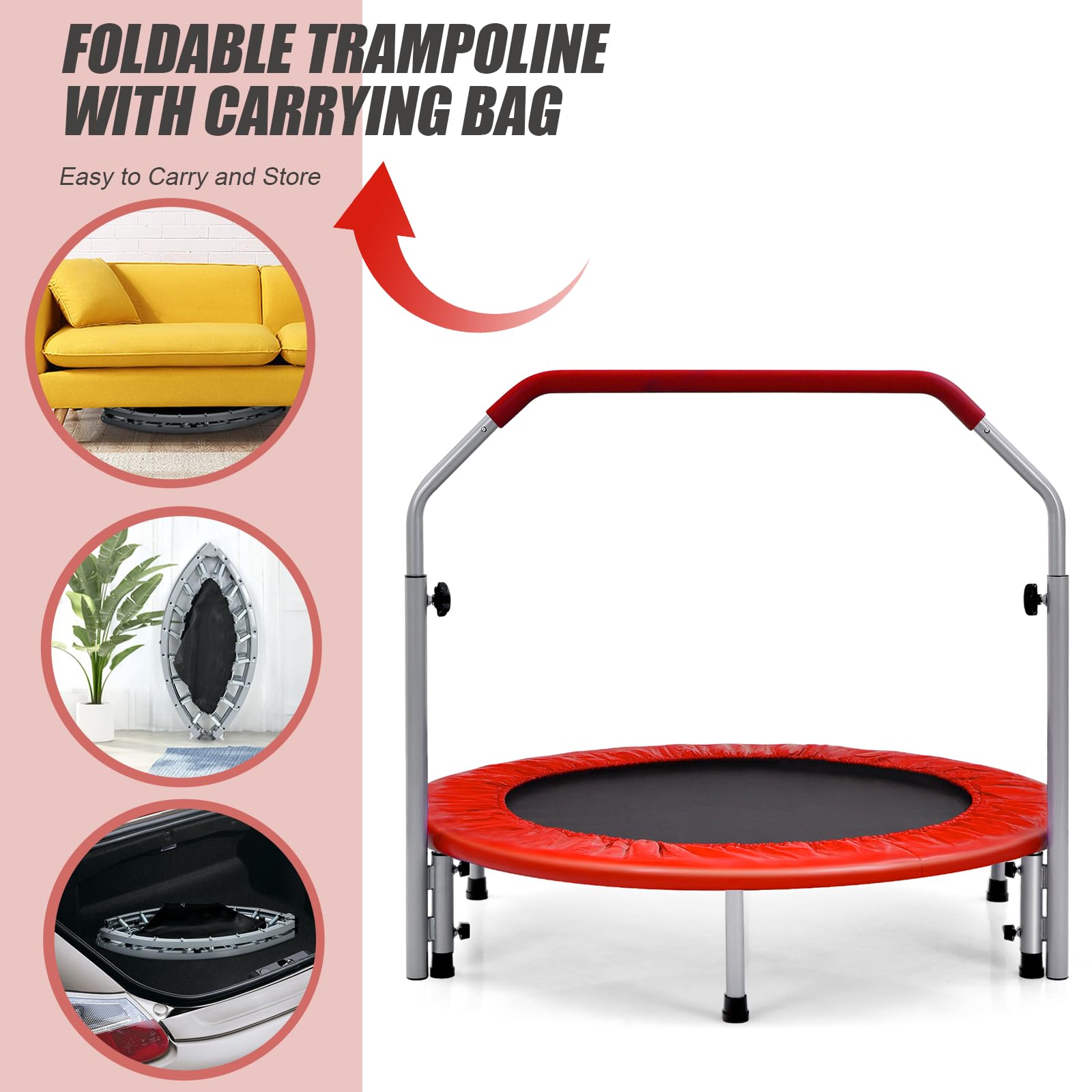 LIFEZEAL Trampolín Plegable, Mini reboteador con barandilla Ajustable, Mini trampolín de Fitness Interior para Adultos, niños, Ø 101 cm, Carga máx. 150 kg