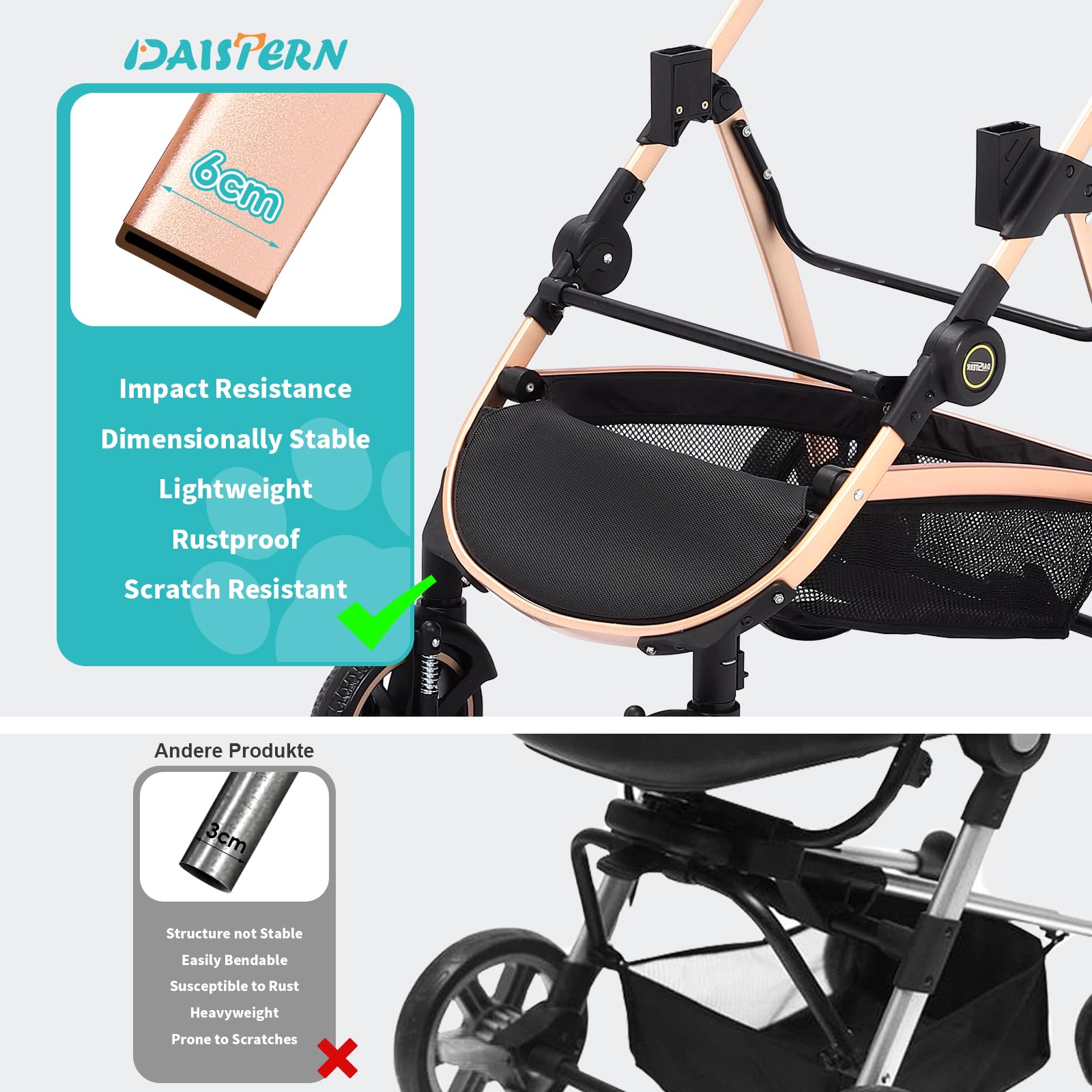DAISTERN Passeggino per Cani 4 in 1 fino 25 Kg,Telaio in alluminio anodizzato 100% pieghevole,ruote gomma schiumosa 360°,Staccabili,adatto per cani e gatti di medie e piccole taglie, Marrone