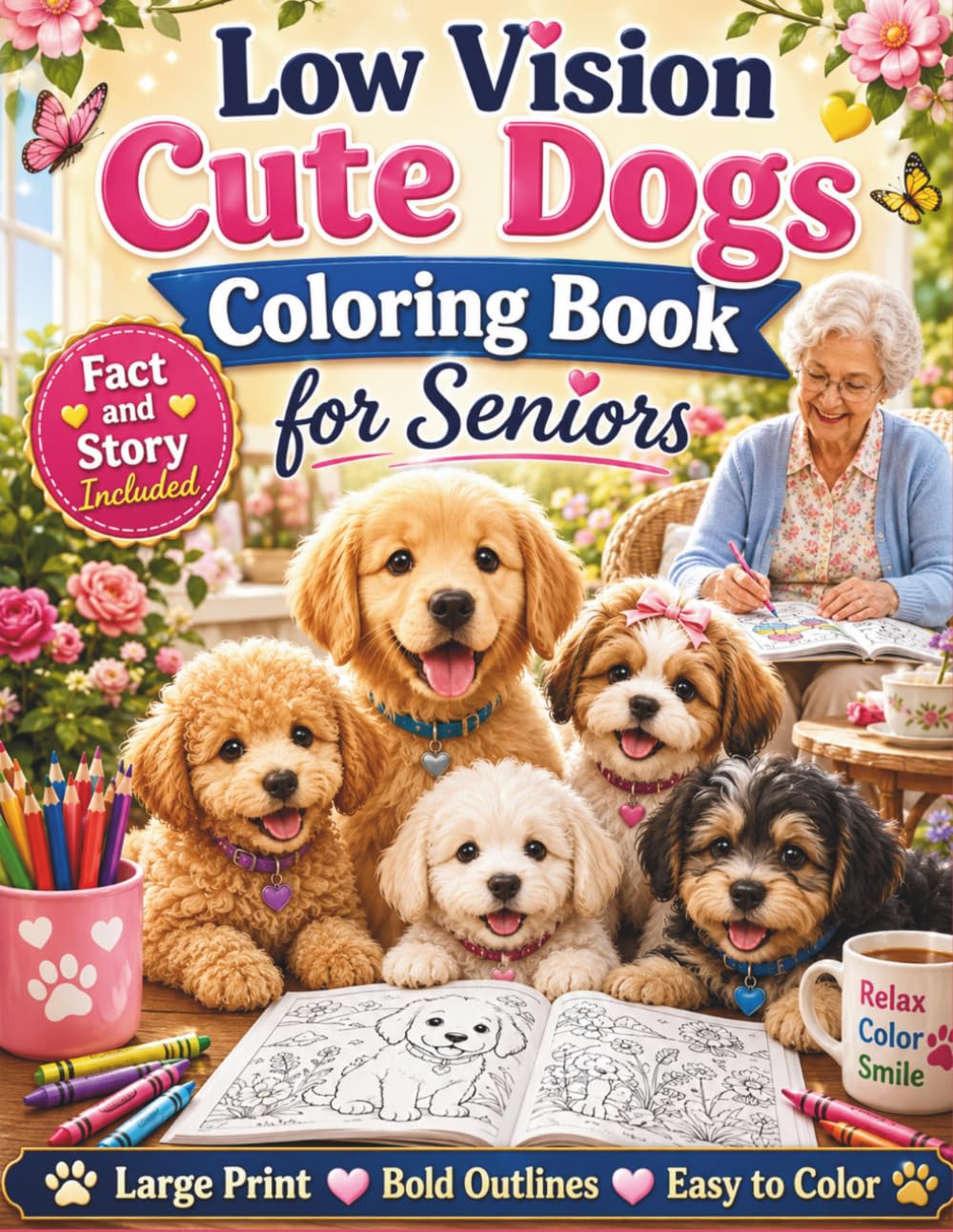 Low Vision Cute Dogs Coloring Book for Seniors: 50 Large Print Bold and Easy Dog Designs with High Contrast Pages for Relaxation, Stress Relief, and Easy Coloring