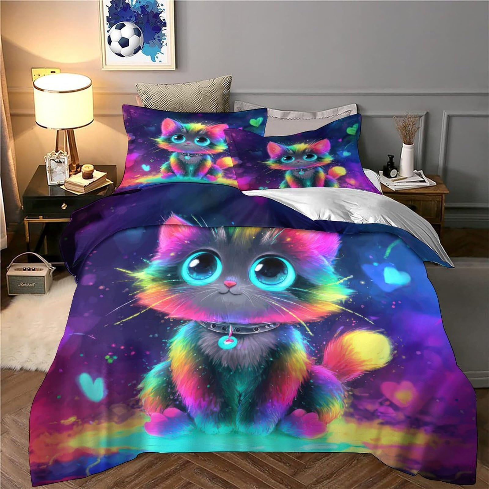 Rainbow Kitten Set Di Copripiumino 3 Pezzi stampa 3D microfibra ultra morbido con cerniera Fantasia Set Di Copripiumino con federa per cuscini soffice for coppie King（220x240cm）