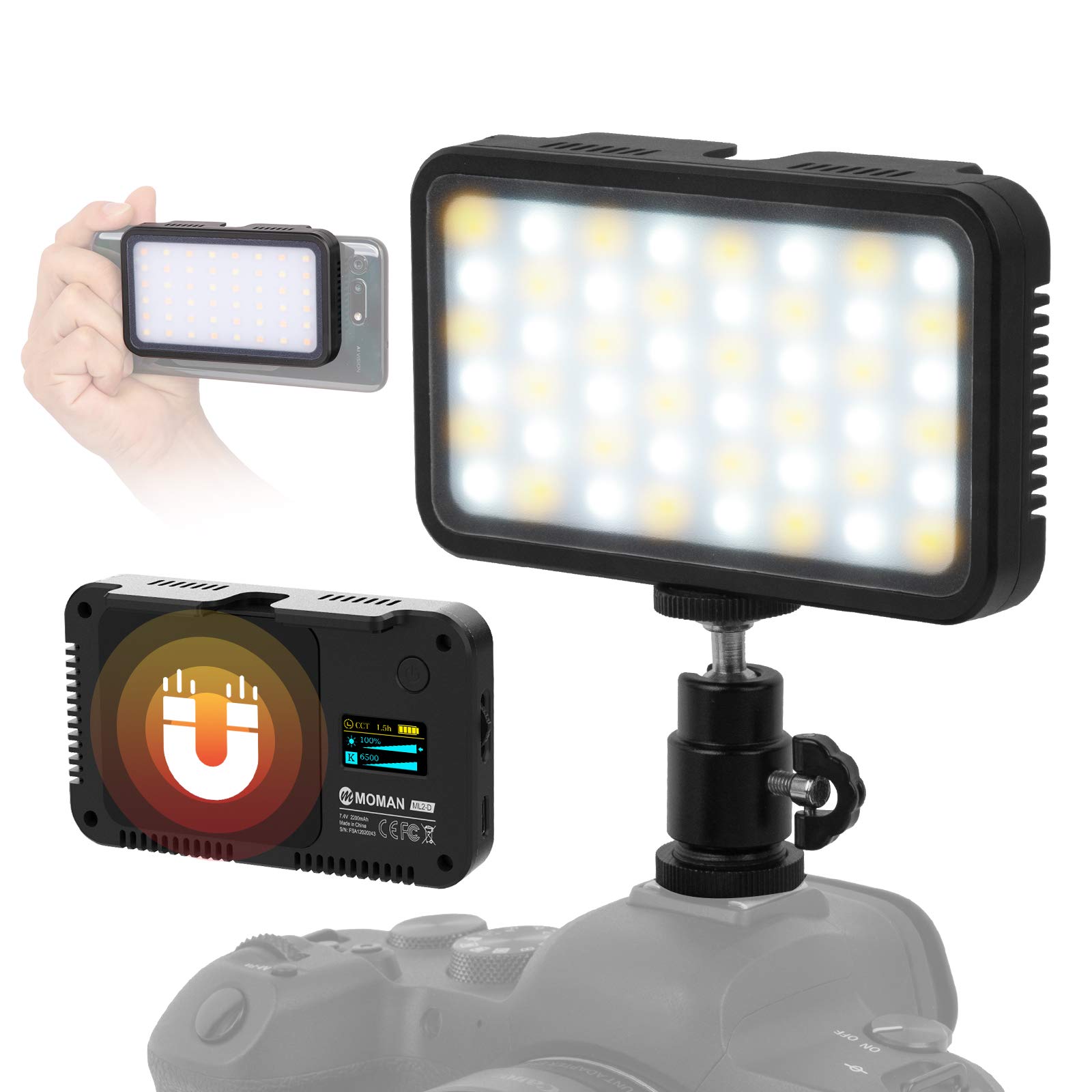 Video Camera Light, Moman ML2-D Led Panel for Smartphone Camera 3000K-6500K Bi-Color Dimmable, CRI 95+, Built-in Rechargeable Battery for YouTube Photography Streaming, LED-Video-Light-Camera-Moman