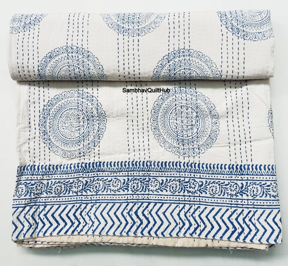 White Handblock Kantha Quilt Indian Kantha Quilt, White Cotton Blanket Handmade Bedspread Hand Block Print, 100% Cotton Bedspread Blanket Throw (60X90 inch)