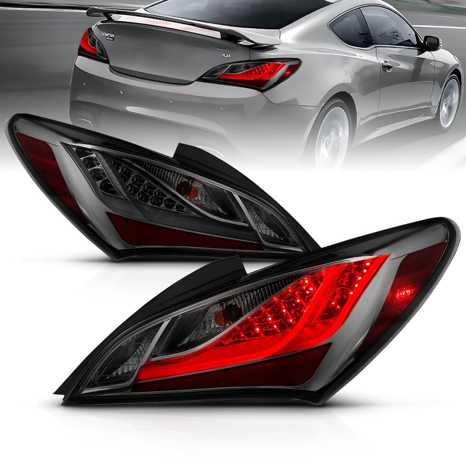 AmeriLite Smoke Lens LED Bar Replacement Taillights Set For Hyundai Genesis Coupe - Passenger and Dr